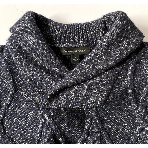 Banana Republic Sweater Mens S Preppy Navy Cable Knit Shawl Neck Yak Hair - Picture 4 of 12